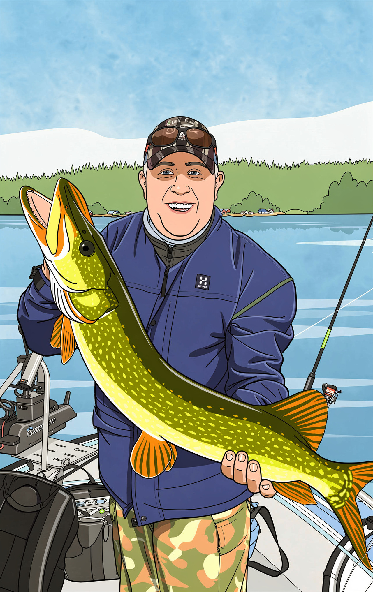 Mies lippis päässä, pitelee sylissään kalaa. Seisoo veneessä