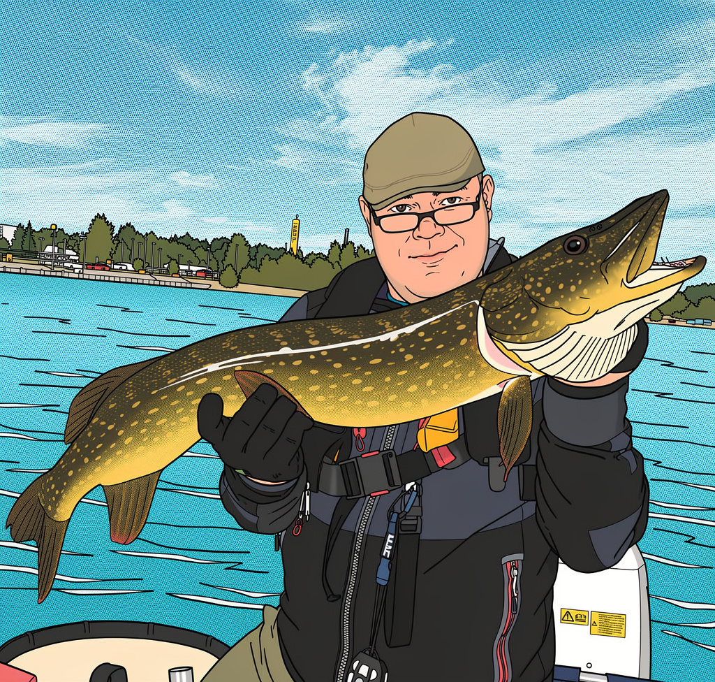 Mies viherässä lätsässä,, pitelee sylissään kalaa. Seisoo veneessä