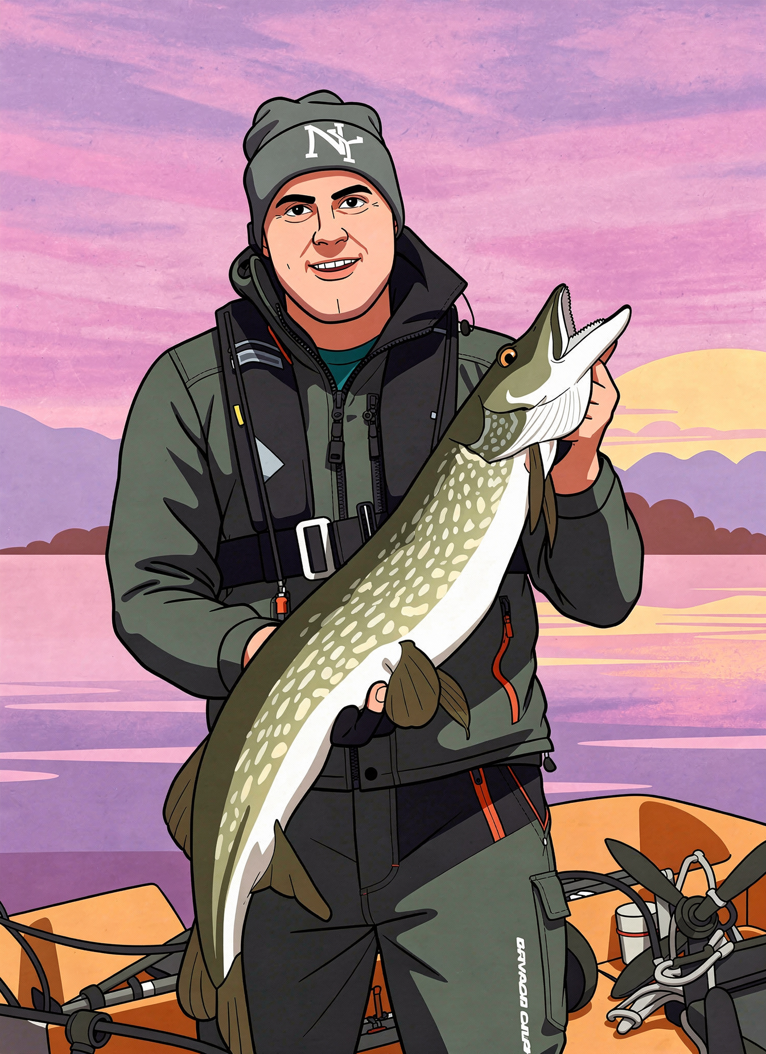 Mies pipo päässä, pitelee sylissään kalaa. Seisoo veneessä