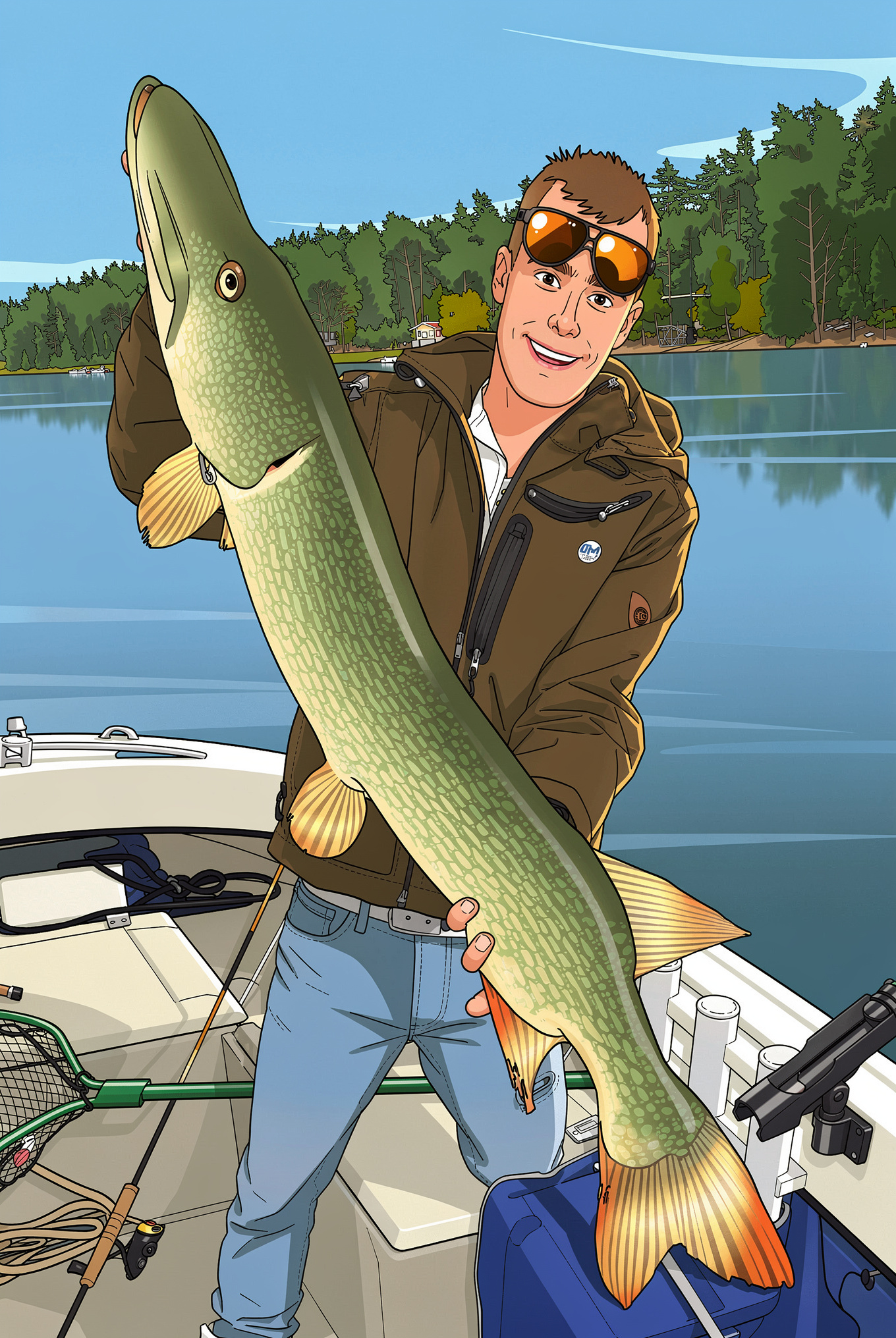 Mies aurinkolasit otsalla, pitelee sylissään kalaa. Seisoo veneessä