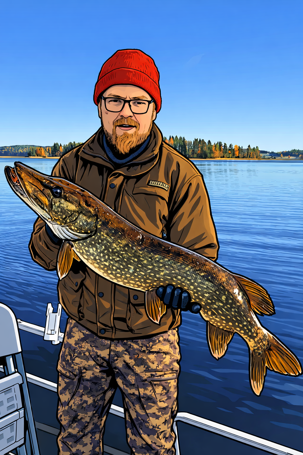 Mies punaisessa hatussa, pitelee sylissään kalaa. Seisoo veneessä